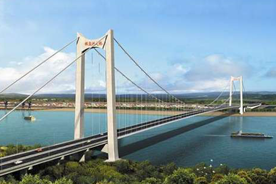 湖北棋盤洲長江公路大橋為地錨式懸索橋,主跨1038米。.jpg